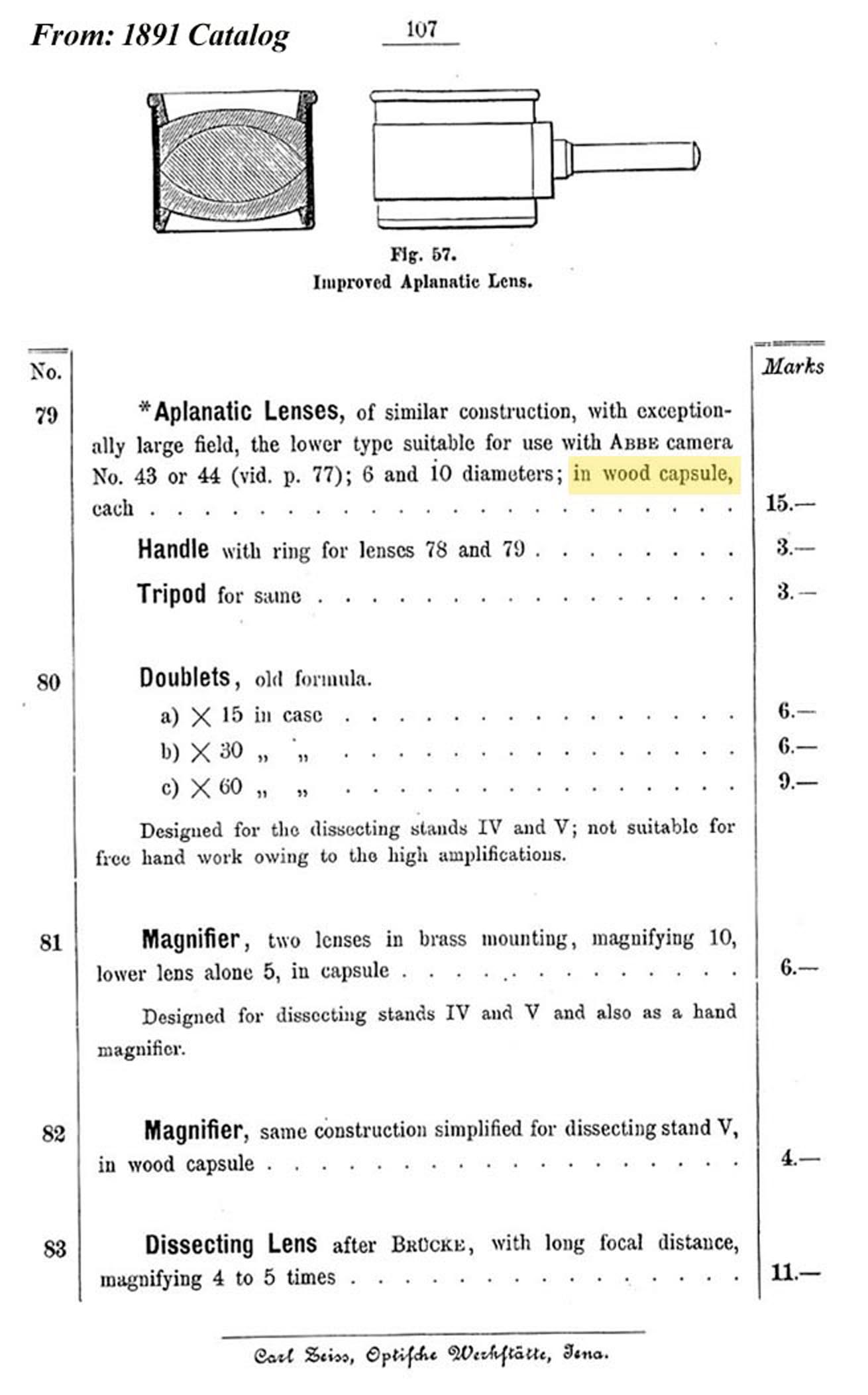 CARL ZEISS 1891 magnifers catalog entry