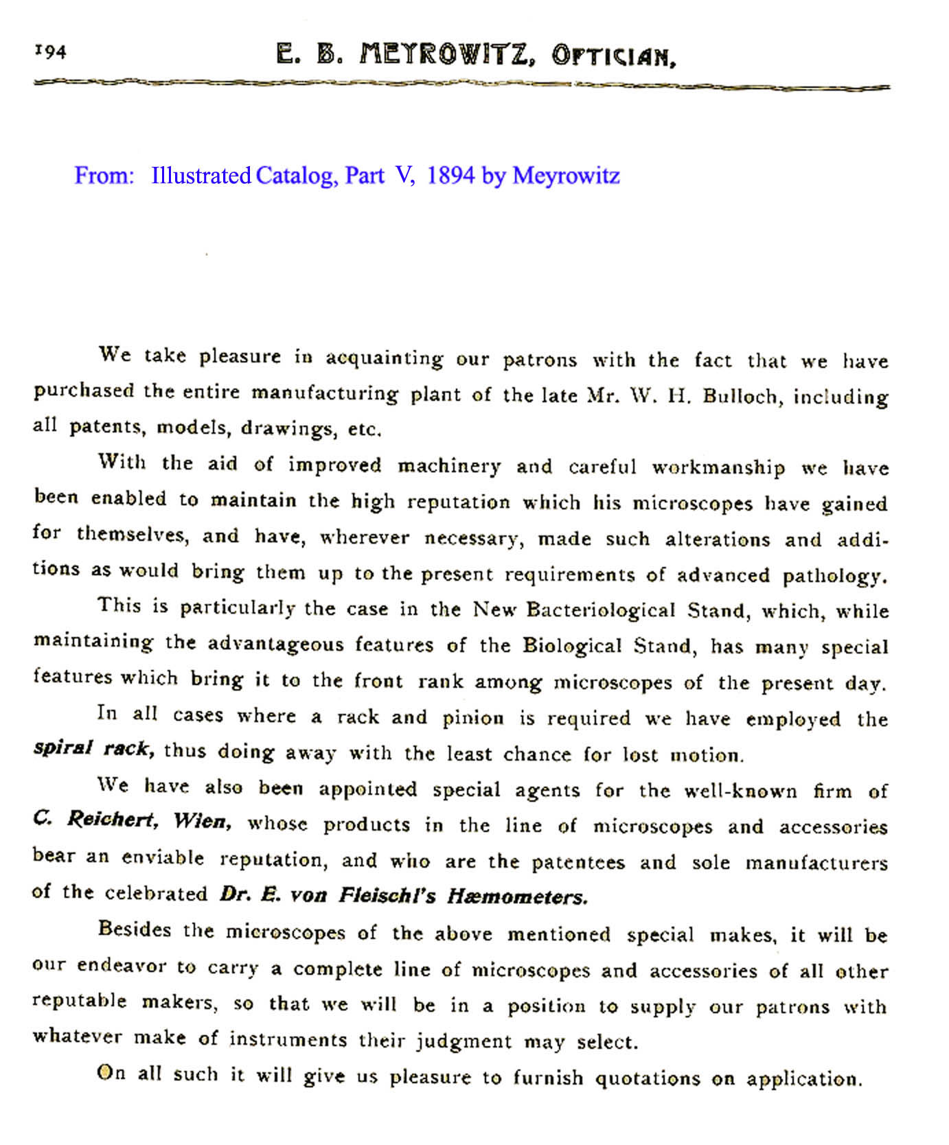 Bulloch Meyrowitz  Mechanical Stage catalog page